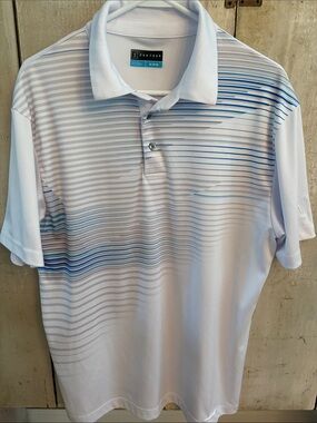 PGA Tour White Polo with Blue Stripe Gradient